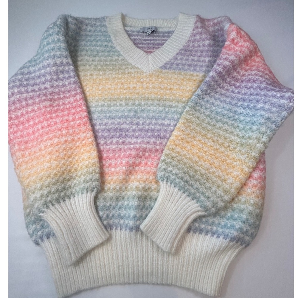Fate Sweater Women Medium Pastel Rainbow Ombre V-Neck Knit Puff Sleeve CW1033